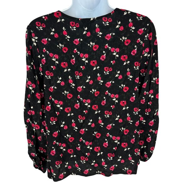 Forever 21 Womens Black & Red Floral Long Sleeve Lace-Up Blouse Medium - Picture 3 of 6